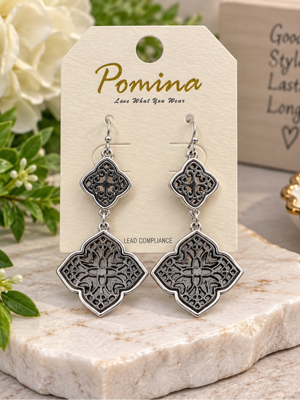 Pomina Silver-Tone Filigree Double Drop Earrings (BR777/2)